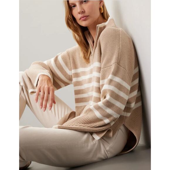 Rails Sweater Womens X Large Brown Tan Stripe Tessa 1/4 Zip Wool Cotton - Picture 1 of 12